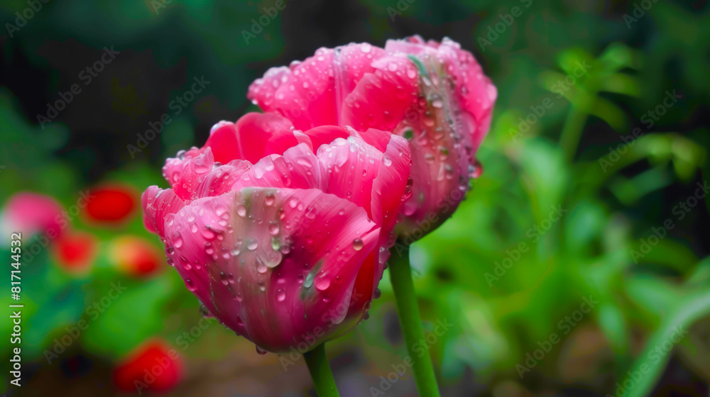 Two pink flowers with raindrops on them. The flowers are in a garden with green grass Two pink flowers with raindrops on them. The flowers are in a garden with green grass