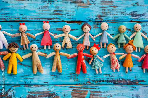 A group of wooden dolls are lined up on a blue background. The dolls are all smiling and holding hands, creating a sense of unity and happiness