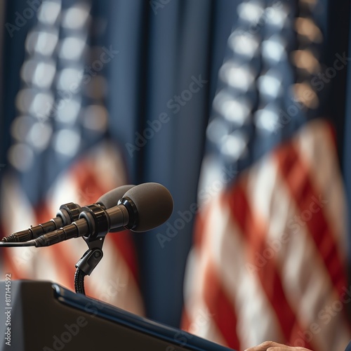 AI-rendered close-up of organization speaker at government press meet, USA flag background. photo