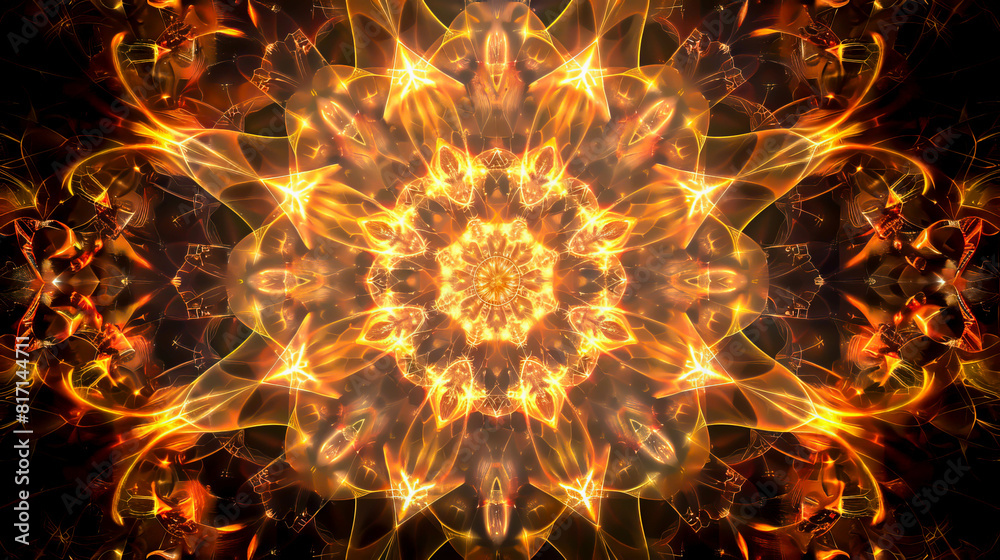 A large, golden flower with many petals. The flower is surrounded by fire and has a very warm, glowing feeling A large, golden flower with many petals. The flower is surrounded by fire and has a very warm, glowing feeling