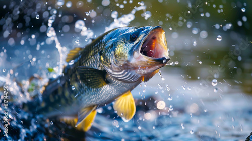 A fish is jumping out of the water, with its mouth open. The water is splashing and the fish is surrounded by droplets