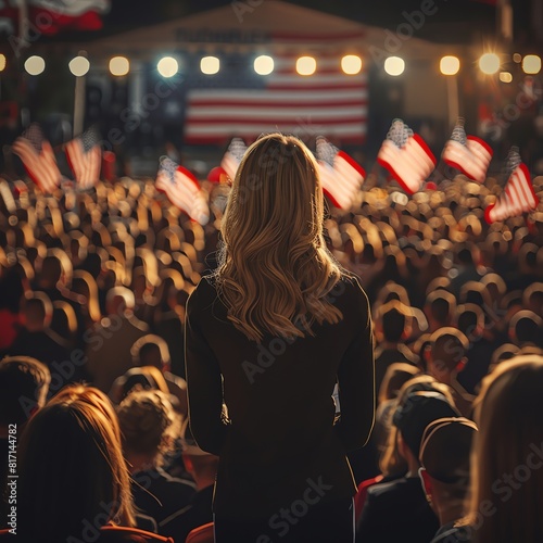 Generative AI of woman in politics, speaking to voters from stage, US flags in crowd, election campaigning. photo