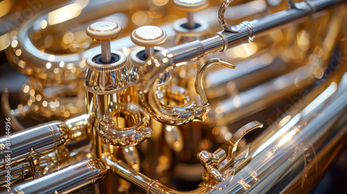 A brass instrument with a gold finish. The trumpet is shiny and has a gold finish photo