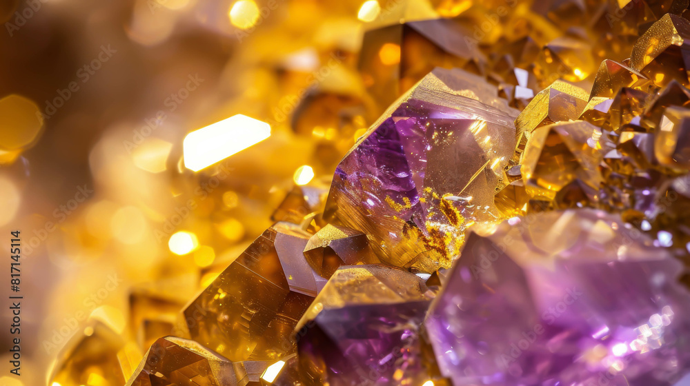 A close up of a bunch of purple and yellow crystals
