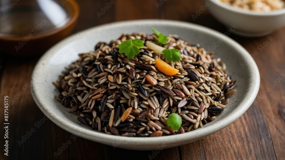 A hearty bowl of cooked wild rice with vegetables on a wooden table A hearty bowl of cooked wild rice with vegetables on a wooden table