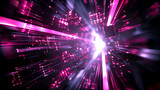 A bright pink and purple image of a cityscape with a bright white light in the center. The image is full of bright colors and has a futuristic feel to it