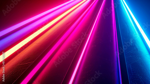 A colorful, neon light display with a dark background. The lights are arranged in a line, with the colors ranging from red to blue. Scene is energetic and vibrant