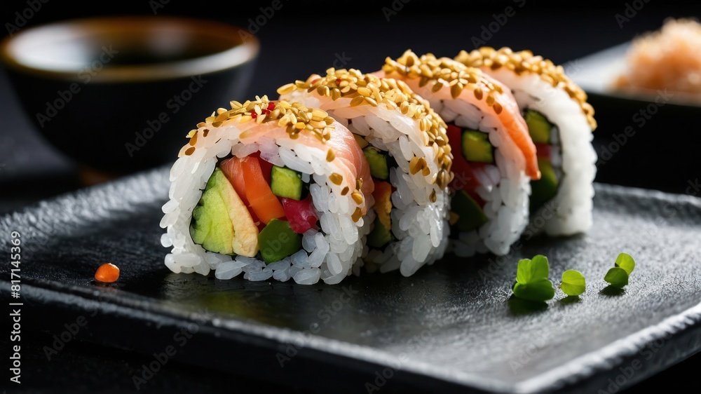 A dish of savory sushi rice with vinegared grains and assorted rolls on a black plate A dish of savory sushi rice with vinegared grains and assorted rolls on a black plate