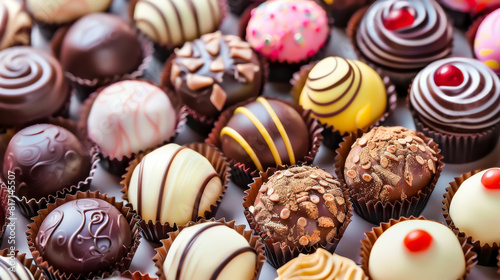 A variety of chocolate truffles are displayed in a row, with some of them having different colors and flavors. Concept of indulgence and luxury