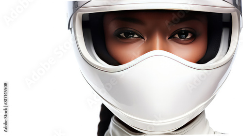 Close-up portrait of a young African American woman in a white motorcycle helmet. Life insurance and protection concept.