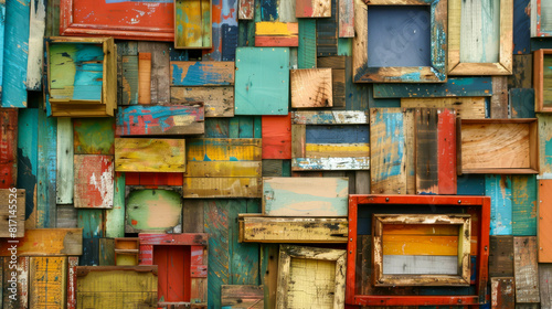 A colorful collage of wooden frames and pictures. Scene is vibrant and lively  with a sense of creativity and artistic expression. The use of different colors and textures creates a dynamic