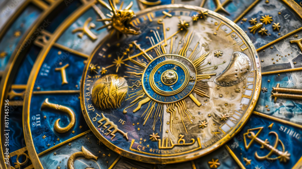 Naklejka premium A clock with a gold and blue face with the numbers 1 to 12 and the letters J, K, L, M, N, O, P, Q, R, S, T, U, V, W, X, Y, Z