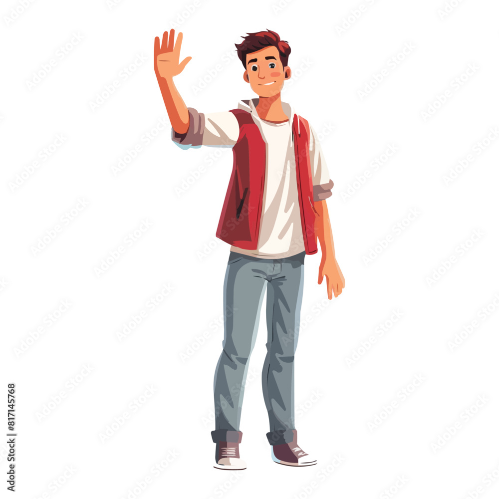 The young man stands up to his full height and waves his hand The young man stands up to his full height and waves his hand
