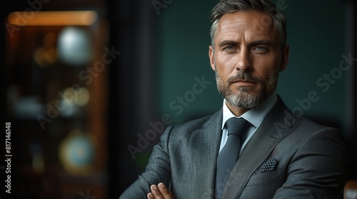 Serious CEO in charcoal grey business suit, dark emerald green background