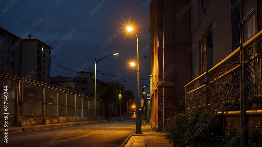 Fototapeta premium Empty city street at night with streetlights