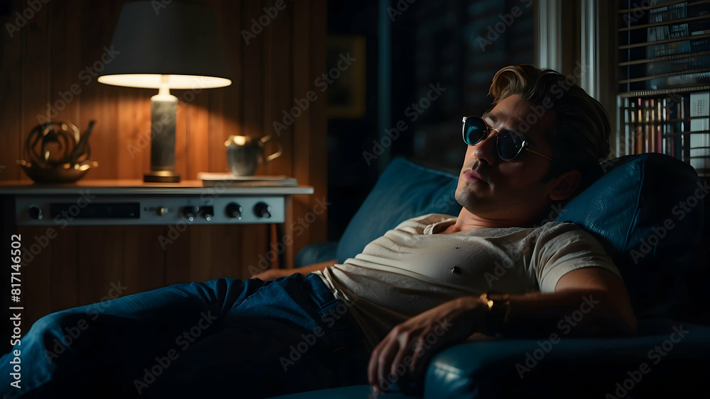 Obraz premium Man relaxing on couch in dimly lit room