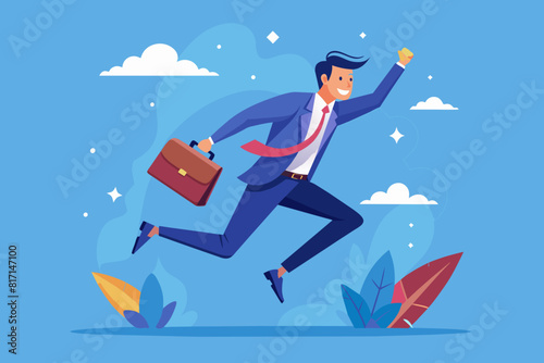 Business milestones  - Businessman jumping in air and reaching milestone with briefcase in hand. Vector illustration with white background