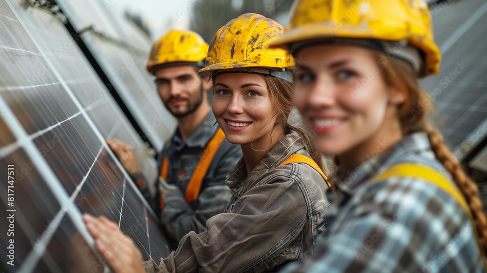 Happy workers are installing solar panels, contributing to renewable energy solutions with enthusiasm and positivity. Happy workers are installing solar panels, contributing to renewable energy solutions with enthusiasm and positivity.