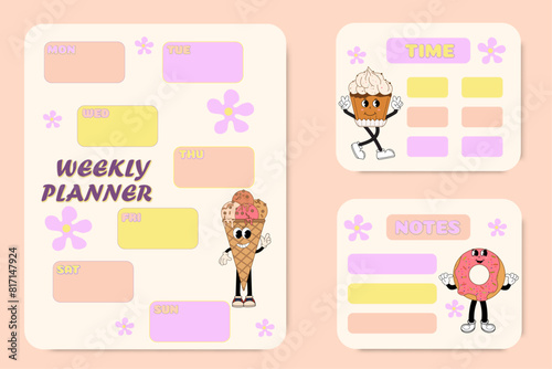 Weekly planner. Cute cartoon characters in a groovy style. Schedule for children. Calendar for elementary school students vector table. Vector illustration.