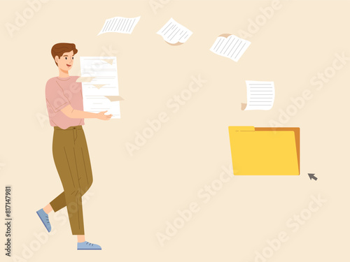 Office male worker holding huge document papers that flying to folder. Concept of file management system, archive, paperwork organization, online document storage. Flat cartoon vector illustration.