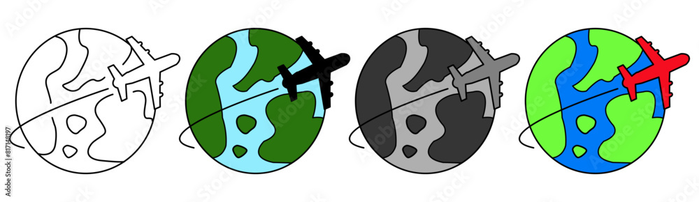 Set of illustrated icons depicting the earth and airplane.