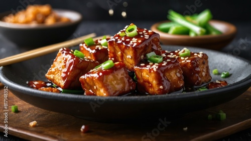 Crispy General Tso tofu glazed in sauce with sesame seeds and green onions, served on a black plate