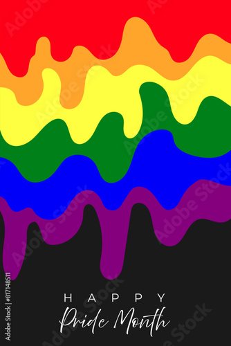 Design for postcard  poster for pride month. Liquid smooth lines look like drips in the bright colors of the LGBT flag. Dark background and Happy Pride Month text below