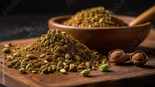 A bowl of fragrant ground cardamom in a warm brown color wooden bowl photo