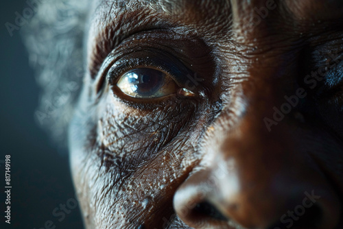 A close-up shot of an elder's face, etched with wisdom and a hint of a smile, reflecting on the significance of Juneteenth. 