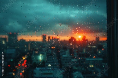 Rainy sunset view through city window