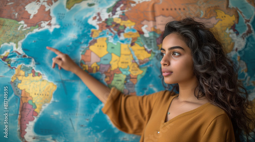  Pensive serious young 20s Indian student girl studying geography global world map on wall, pointing finger at ocean, searching country for vacation travel, thinking on destination