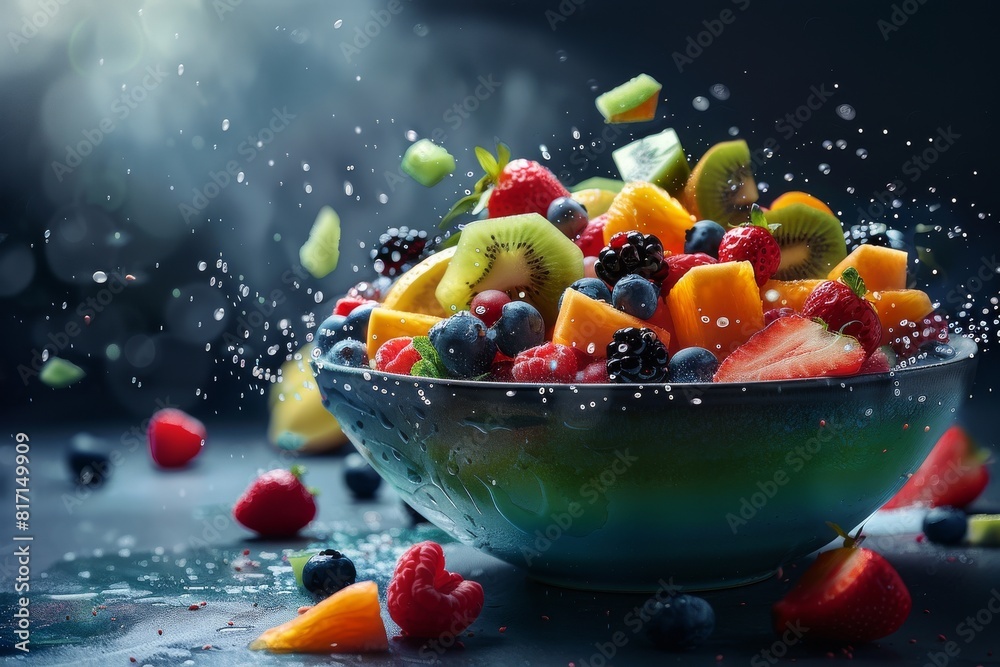 A vibrant bowl of assorted fresh fruits, cut into bite-sized pieces, creating a colorful and healthy snack. A vibrant bowl of assorted fresh fruits, cut into bite-sized pieces, creating a colorful and healthy snack.