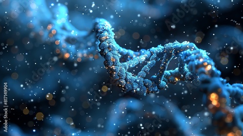 A DNA strand/helix, intricately detailed and set against an abstract background, represents the cutting-edge field of biotechnology.