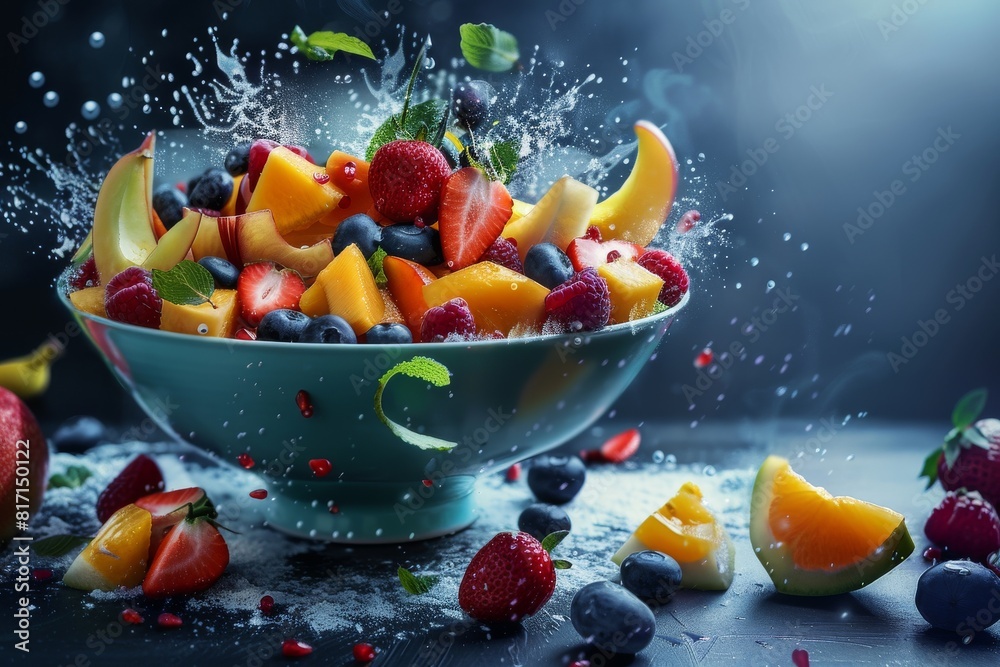 A vibrant bowl of assorted fresh fruits, cut into bite-sized pieces, perfect for a healthy snack or dessert. A vibrant bowl of assorted fresh fruits, cut into bite-sized pieces, perfect for a healthy snack or dessert.