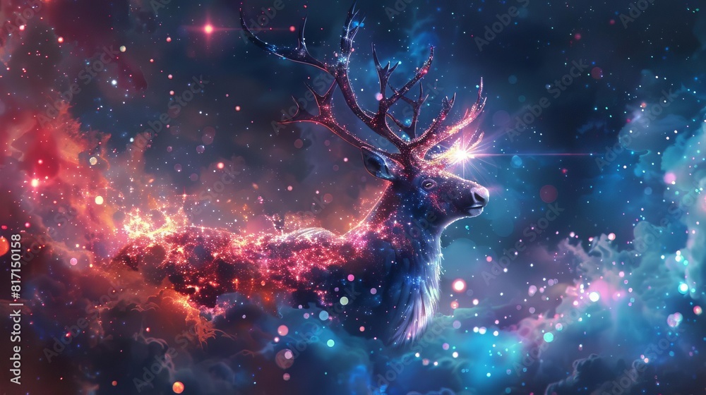 An ethereal deer composed of stardust and nebulae stands in the cosmos, its antlers reaching out to the stars An ethereal deer composed of stardust and nebulae stands in the cosmos, its antlers reaching out to the stars
