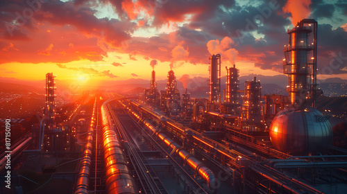 Dramatic sunset illuminating a hydrogen power plant, showcasing large steel structures and flowing pipes, envisioning sustainable energy production photo