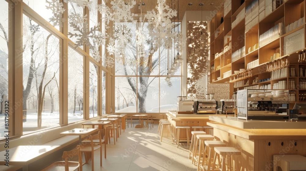 Bright winter morning in a countryside cafe decorated with snowflakes. Warm wooden interiors provide a cozy atmosphere. Bright winter morning in a countryside cafe decorated with snowflakes. Warm wooden interiors provide a cozy atmosphere.