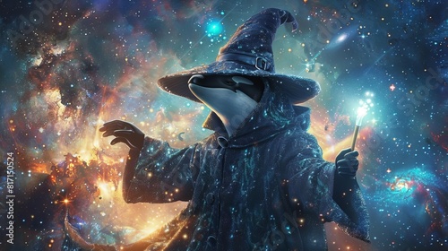 A wise old wizard, well-versed in the mystic arts, gazes out at the cosmos. He ponders the mysteries of the universe and the nature of magic. photo