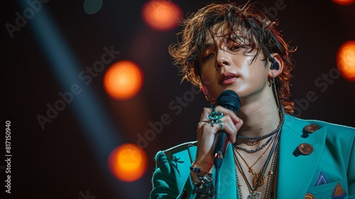 Young male in a vivid turquoise blazer, holding a microphone, jet black background photo