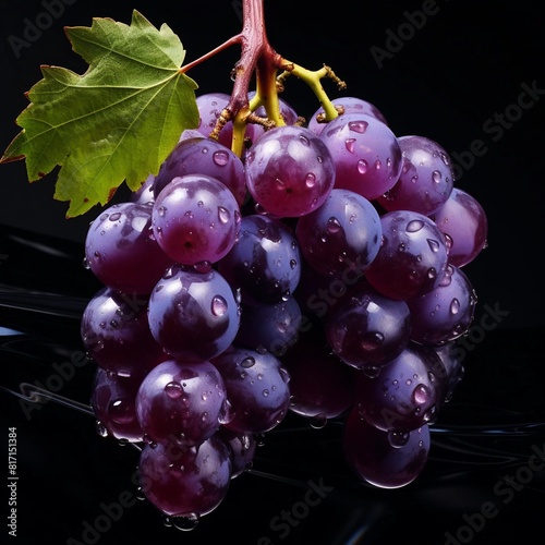 Purple grapes with leaf and droplets indicates freshness on black background. Generative AI.	