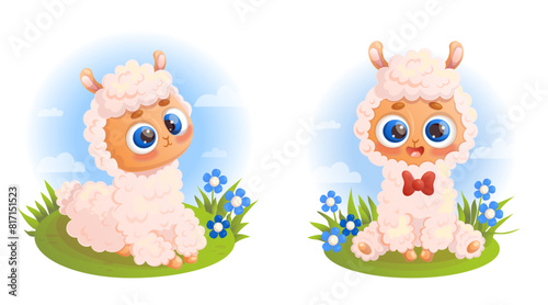 Cute little Llama alpaca. Happy cartoon animals with bleu flowers ang sky. Isolated Vector illustrations