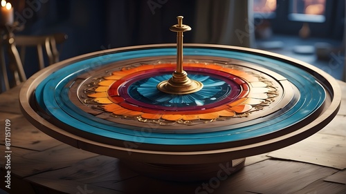 A spinning wheel with a colorful circular design on the top.