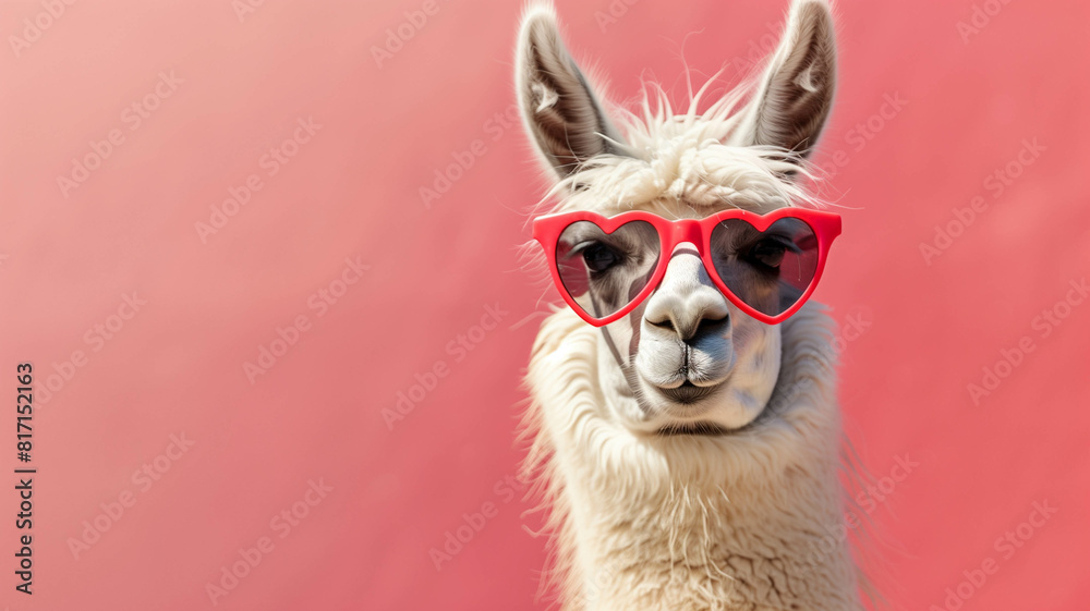 llama striking a pose in trendy sunglasses, with solid background