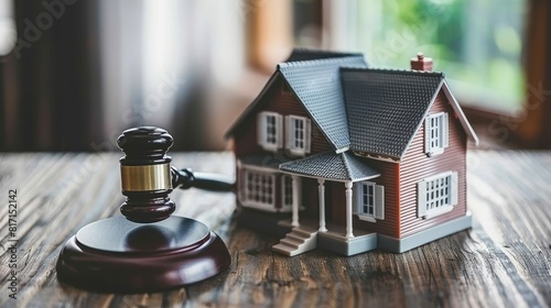 a miniature house placed next to a gavel on a polished wooden surface, symbolizing the legal aspects involved in real estate transactions. photo