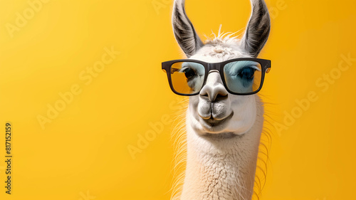 llama striking a pose in trendy sunglasses, with solid background photo
