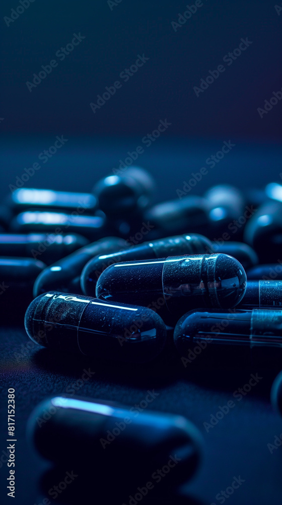 black background and blue fade in the background positive mood with some pills on the surface black background and blue fade in the background positive mood with some pills on the surface