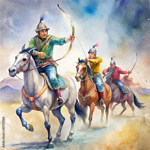 Dynamic depiction of Mongolian horse archery tournament, with riders competing for accuracy 