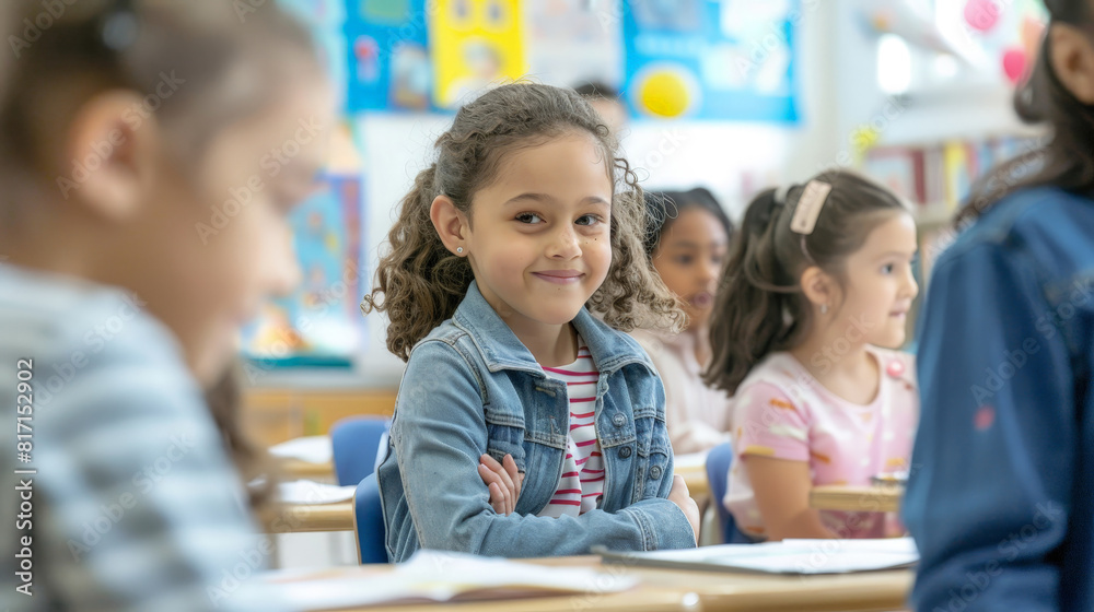 Little girl in classroom smiling with arms crossed during lesson Little girl in classroom smiling with arms crossed during lesson