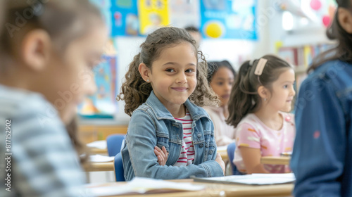 Little girl in classroom smiling with arms crossed during lesson