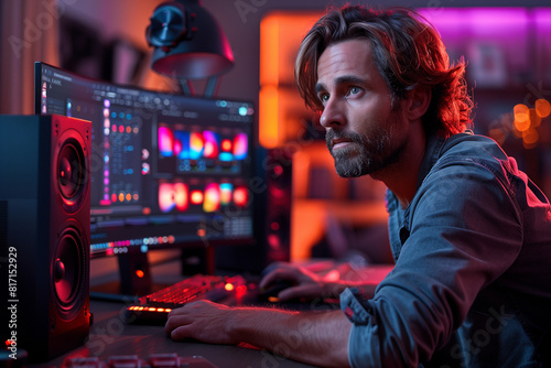 A professional video editor adjusts color gradients on a sleek, modern computer setup, surrounded by dark ambient lighting that highlights the creative process © Skip Monday